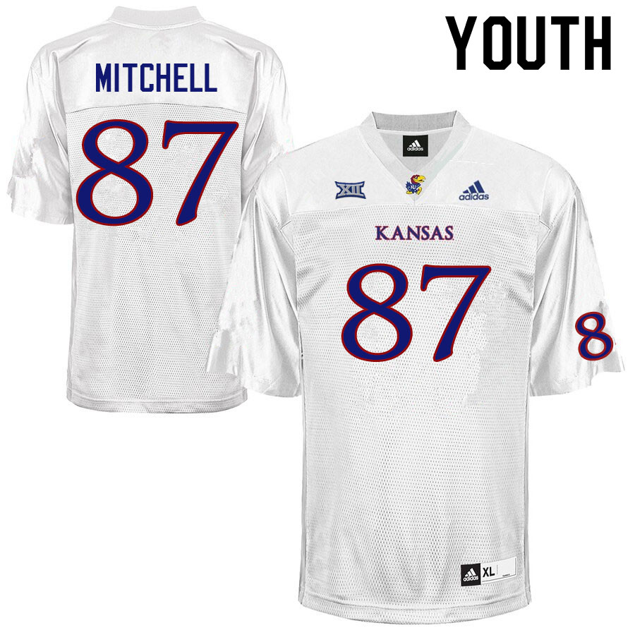 Youth #87 Jaden Mitchell Kansas Jayhawks College Football Jerseys Sale-White - Click Image to Close